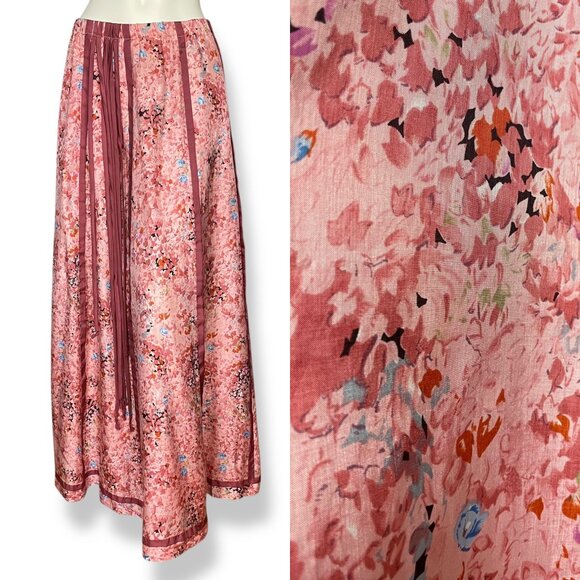 Vintage 70s Chessa Davis Skirt Maxi Hippie Floral Fringe Trim Peasant Pink Retro - Picture 2 of 15